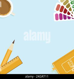 Illustration Design elements in a white background, Design Book, Ruler Scale, Pencil, Cup of Coffee or Tea, Multi-colour shades. Stock Vector