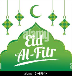 Eid Al-Fitr White text effect on green background, Muslim Festival Eid Al-Fitr beautiful Text effect, Eid Al-Fitr, Muslim Mosque, Kites, Green, White, Stock Vector