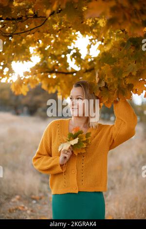 Woman holding autumn leafs in the nature. Autumn woman on leafs background Stock Photo