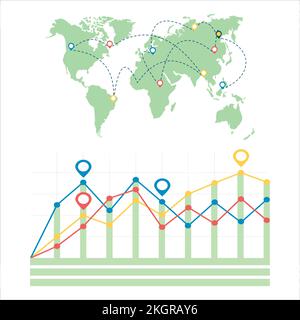 Infographic element design for Location or presentation in a white background, Detailed world map With graph chart vector background, World map with l Stock Vector