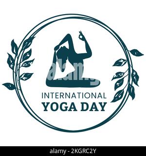 Stylish yoga day vector illustration with green text effect in round shape, dark blue, woman doing yoga, lady, woman, yoga position, international yog Stock Vector