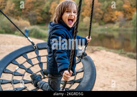 Cheerful cute boy playing on nest swing at autumn park Stock Photo