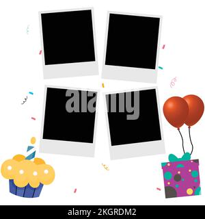 Happy Birthday Photo frame vector illustration, Happy birthday Wish, Happy Birthday celebration, Party Elements, Photo Frame, Party Banner, cupcakes, Stock Vector