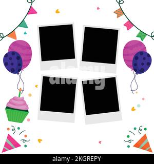 Happy Birthday Photo frame vector illustration, Happy birthday Wish, Happy Birthday celebration, Party Elements, Photo Frame, Party Banner, cupcakes, Stock Vector