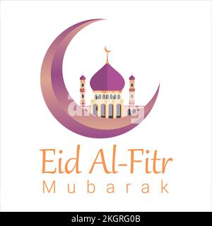 Eid Al-Fitr Mubarak with golden text effect, Holy festival of muslim, muslim mosque, Multicolor shade, purple, vector illustration of mosque, Eid Muba Stock Vector