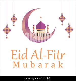 Eid Al-Fitr Mubarak with golden text effect, Holy festival of muslim, muslim mosque, Multicolor shade, purple, vector illustration of mosque, Kites ha Stock Vector