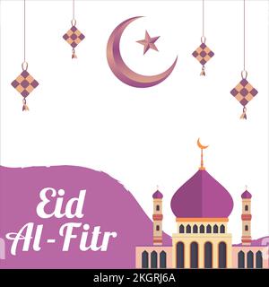 Eid Al-Fitr Mubarak with white text effect, Holy festival of muslim, muslim mosque, Multicolor shade, purple, vector illustration of mosque, Kites han Stock Vector