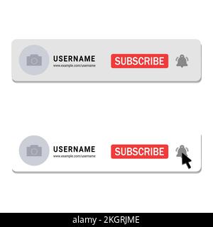 YouTube channel logo info with Red subscribe button, cursor arrow and bell icon and text effect on a white background, Vector illustration for Busines Stock Vector