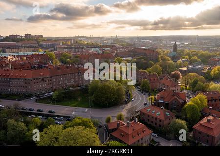 Sweden, Vastra Gotaland County, Gothenburg, Aerial view of Johanneberg district at dusk Stock Photo