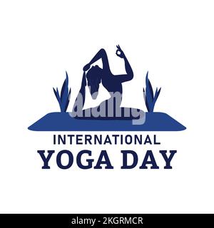 Stylish yoga day vector illustration, dark blue, yoga position, international yoga day special, Lady, Woman, woman doing yoga, 21 June, Flower Vase, F Stock Vector