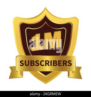 Stylish 1 million Subscribers badge with golden ribbon and dark color shade vector illustration on a white background, 1 million subscriber celebratio Stock Vector