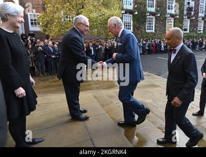 King Charles III, Royal Bencher at the Honourable Society of Gray's Inn, arrives for a visit to the society in central London, to hear more about their work to support, educate, and develop both aspiring and practising barrister members. Picture date: Wednesday November 23, 2022. Stock Photo