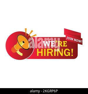 We are Hiring design with mike speaker, red, white, and yellow text effect on white background. Business recruiting concept with red and black color. Stock Vector
