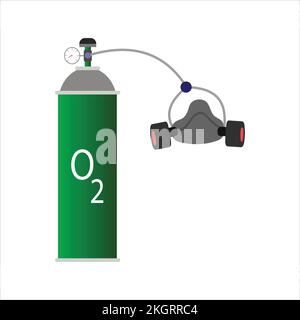 Green Oxygen cylinder vector illustration with a gas mask on white background, coronavirus pandemic gas mask, black oxygen mask for human. Stock Vector