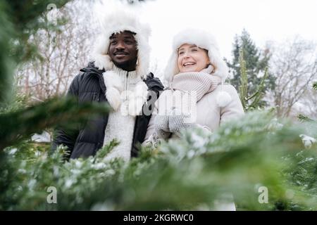 Happy couple standing amidst Christmas tree under sky Stock Photo