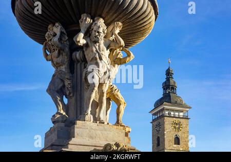 Czech Republic, South Bohemian Region, Ceske Budejovice, Samson Fountain on Premysl Otakar II Square with Black Tower in background Stock Photo