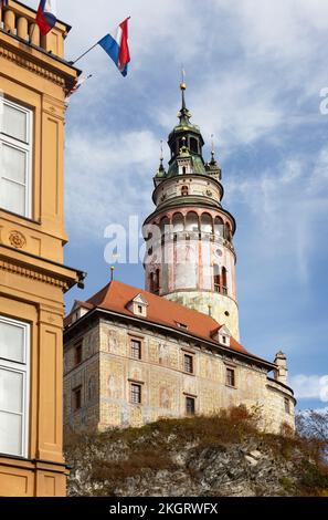 Czech Republic, South Bohemian Region, Cesky Krumlov, Tower of Cesky Krumlov Castle Stock Photo