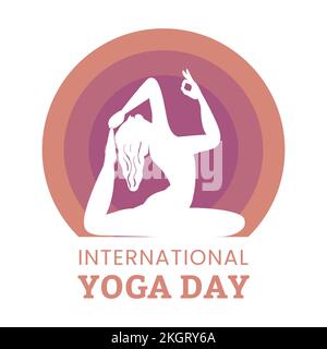 Stylish yoga day vector illustration with multicolor text effect, dark blue, yoga position, international yoga day special, Lady, Woman, woman doing y Stock Vector
