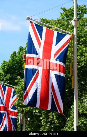 Union Jack flags lining the mall on the occasion of Queen Elizabeth's Platinum Jubliee, London 2022. Stock Photo