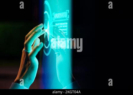 Hand of woman touching screen Stock Photo