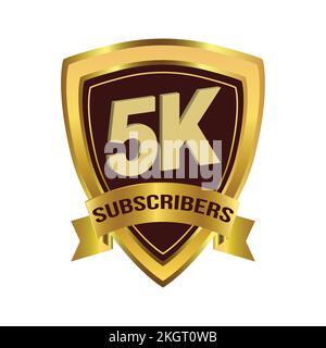 Luxurious 5K Subscribers celebration badge with golden gradient ribbon and dark color shade vector illustration on a white background, 5K subscriber c Stock Vector