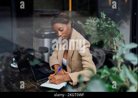 Young businesswoman making notes at cafeteria Stock Photo