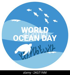 World ocean day vector illustration with text effect inside round shape and sea creature, blue, ocean, sea, turtle, fish, coral, text effect. Stock Vector