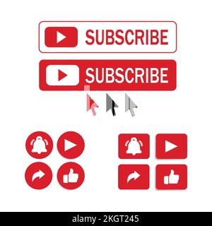 Red and white subscribe button with cursor arrow, share button, bell icon, like button and text effect on a white background, Vector illustration for Stock Vector