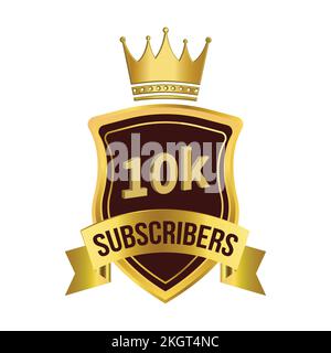 luxury 10k subscriber celebration badge with golden color ribbon and king crown on  white background, Dark and golden color shade with king crown and Stock Vector