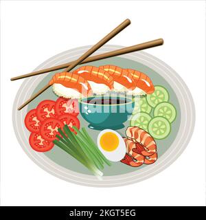 Asian food vector illustration with salad. Asian food concept with soy sauce and sushi. Vegetable green salad. Stock Vector