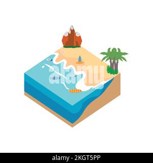 2.5D Sandy beach landscape concept vector illustration. Sandy beach vector with surfboard and hill concept and coconut tree. Seashore 3D art with life Stock Vector