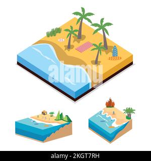 2.5D Sandy beach landscape vector design. Sandy beach collection with lifebuoy and surfboard. Seashore 3D art with lifebuoy and sunbathe. Stock Vector