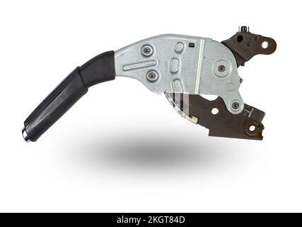 Closeup of a brake lever with a white handle with chrome elements of an expensive German auto on an isolated background in a photo studio for repairin Stock Photo