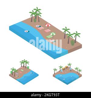 2.5D Sandy beach landscape vector illustration. Sandy beach collection vector with lifebuoy and coconut tree. Seashore 3D art with a lifebuoy and sunb Stock Vector