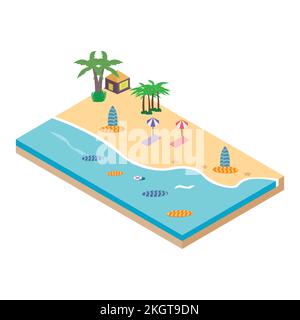 2.5D Sandy beach concept vector illustration. Sandy beach vector with surfboard and resort concept and coconut tree. Seashore 3D art with lifebuoy. Stock Vector