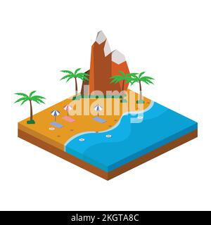 2.5D sandy beach vector design with Hill concept, Sandy beach vector with 2.5D shaped landscape, Beach with a tourist in the summertime. Stock Vector