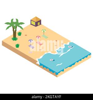 2.5D Sandy beach concept vector illustration. Sandy beach vector with resort concept and coconut tree. Seashore 3D art with lifebuoy. Stock Vector