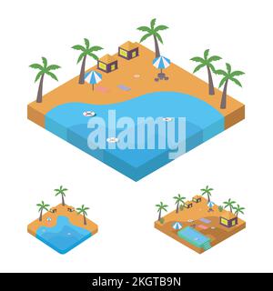 2.5D Sandy beach landscape concept collection. Sandy beach vector with swimming pool and coconut tree. Seashore 2.5D art with a lifebuoy and sunbathe. Stock Vector