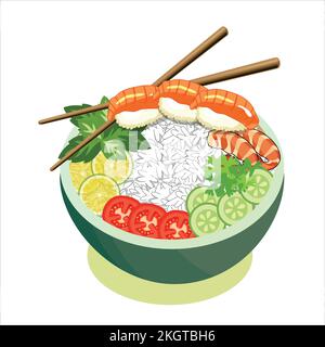 Stir fry salad with sushi and shrimps in a black bowl with the slate background. Top view copy space. Shrimp and vegetables served with salad. Stock Vector