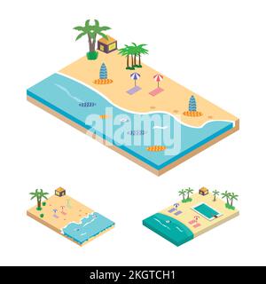 2.5D Sandy beach landscape concept vector illustration collection. Sandy beach vector with swimming pool concept and coconut tree. Seashore 2.5D art w Stock Vector