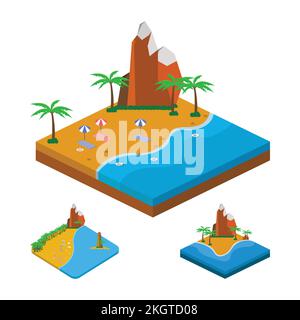 2.5D Sandy beach landscape vector design collection. Sandy beach collection vector with lifebuoy and mountain. Seashore 3D art with a lifebuoy and sun Stock Vector
