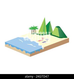 2.5D sandy beach vector design with the green hill concept, Sandy beach vector with 2.5D shaped landscape, Beach with blue sea in the summertime. Stock Vector
