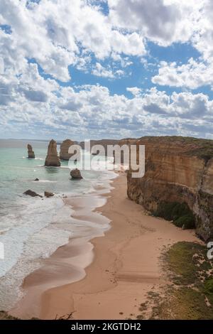 Scenic view alongside the Great Ocean Road in Australia including the Twelve Apostles limestone stack formations. Stock Photo