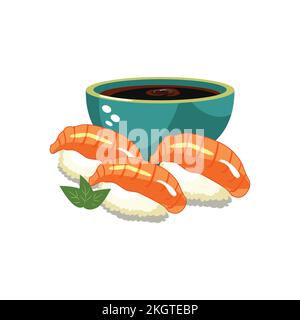 Salmon sushi with soy sauce and shrimps in a bowl on a white background. Top view copy space. Shrimp and sushi served with soy sauce. Chopsticks with Stock Vector
