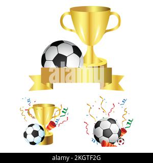 Golden winning trophy vector collection with a football for soccer match celebration. Golden color trophy collection for winning team celebration. Stock Vector