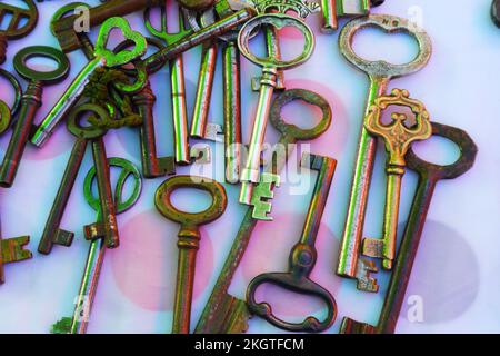 Ancient keys with white background Stock Photo