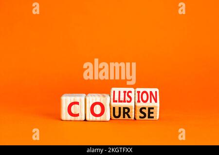 Collision course symbol. Concept word Collision course on wooden cubes. Beautiful orange table orange background. Business collision course concept. C Stock Photo