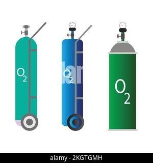 Oxygen cylinder collection for medical websites vector design. Oxygen Gas tank with mask collection design. O2 Medical equipment tank collection for p Stock Vector