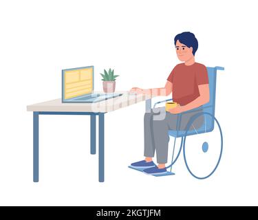 Disabled guy working on laptop semi flat color vector character Stock Vector