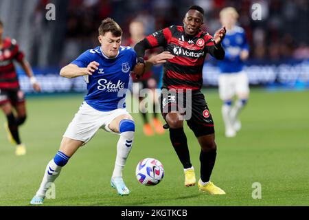 Sydney, Australia. 23rd Nov, 2022. SYDNEY, AUSTRALIA - NOVEMBER 23: Nathan Patterson of Everton competes for the ball with Yeni N'Gbakoto of Wanderers during the match between Everton and Wanderers at CommBank Stadium Credit: IOIO IMAGES/Alamy Live News Stock Photo